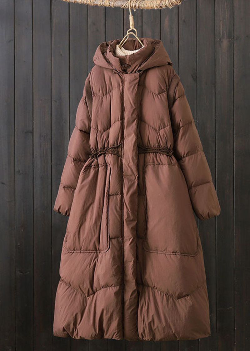 Elegante Bruine Capuchon Patchworkzakken Eendendons Puffer Winter