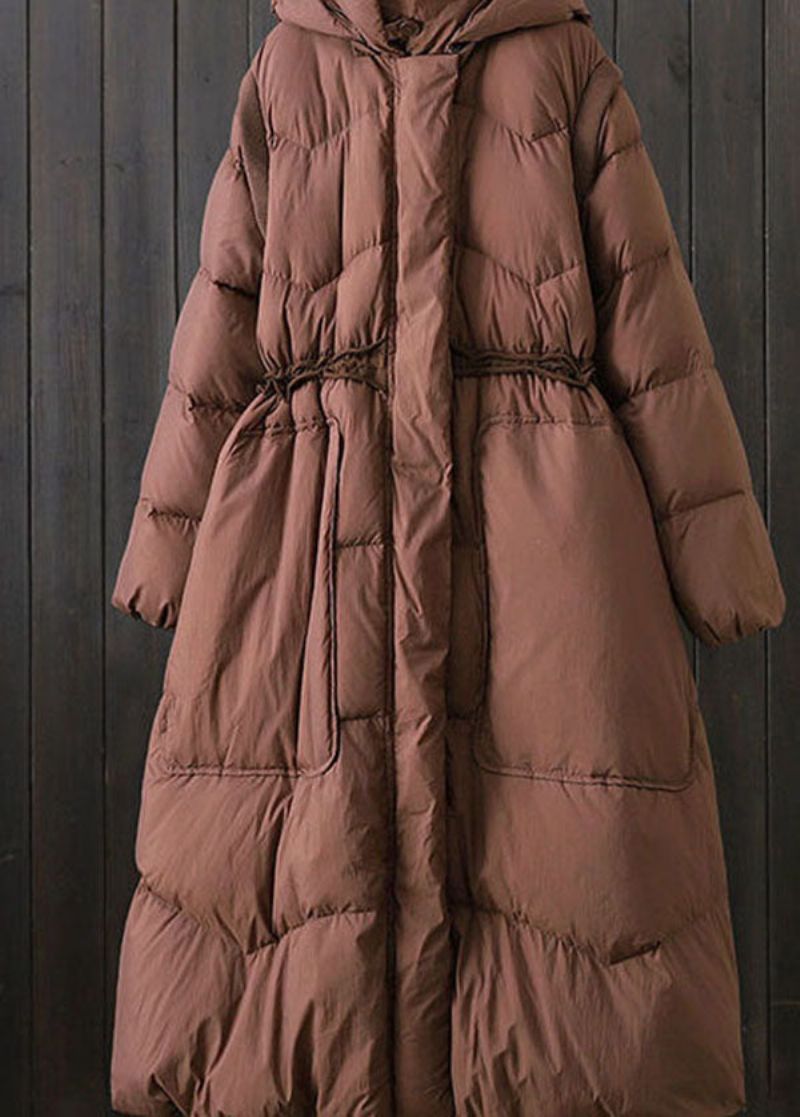 Elegante Bruine Capuchon Patchworkzakken Eendendons Puffer Winter - Dames donsjacks