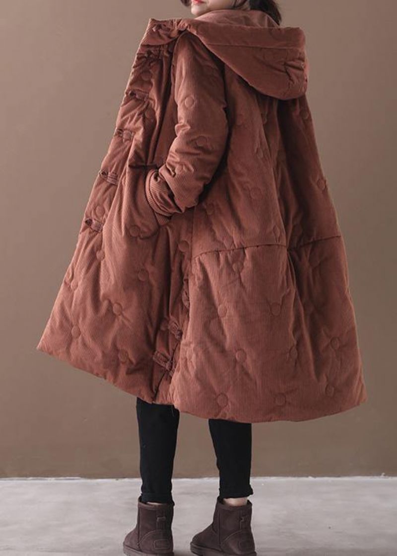 Elegante Bruine Uitloper Trendy Plus Size Warme Winterjas Chinese Knopenjassen Met Capuchon - Bruin