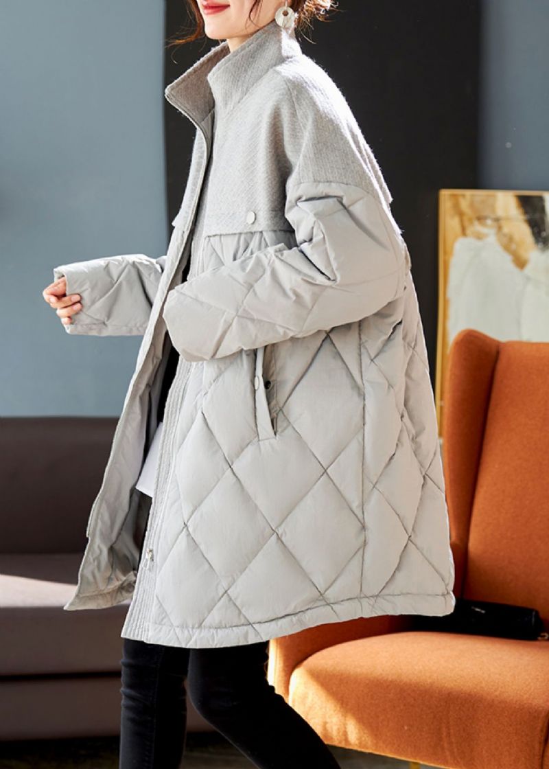 Elegante Grijze Wollen Patchwork Eendendonsjas Winter - Dames donsjacks