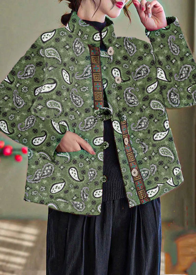 Elegante Groen-cashew-print Zakken Katoen Gevulde Parka Winter