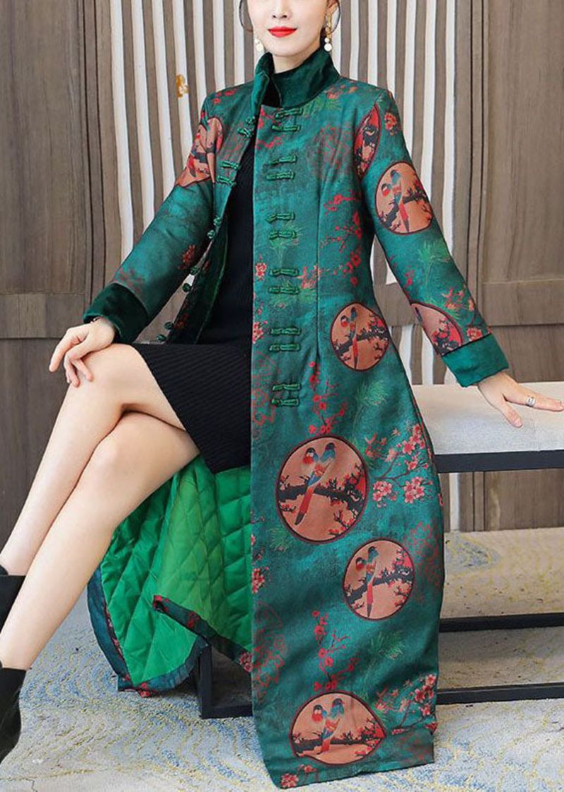 Elegante Groene Opstaande Kraag Chinese Stijl Print Fijne Katoenen Gevulde Jassen Winter