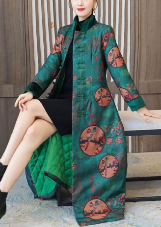 Elegante Groene Opstaande Kraag Chinese Stijl Print Fijne Katoenen Gevulde Jassen Winter