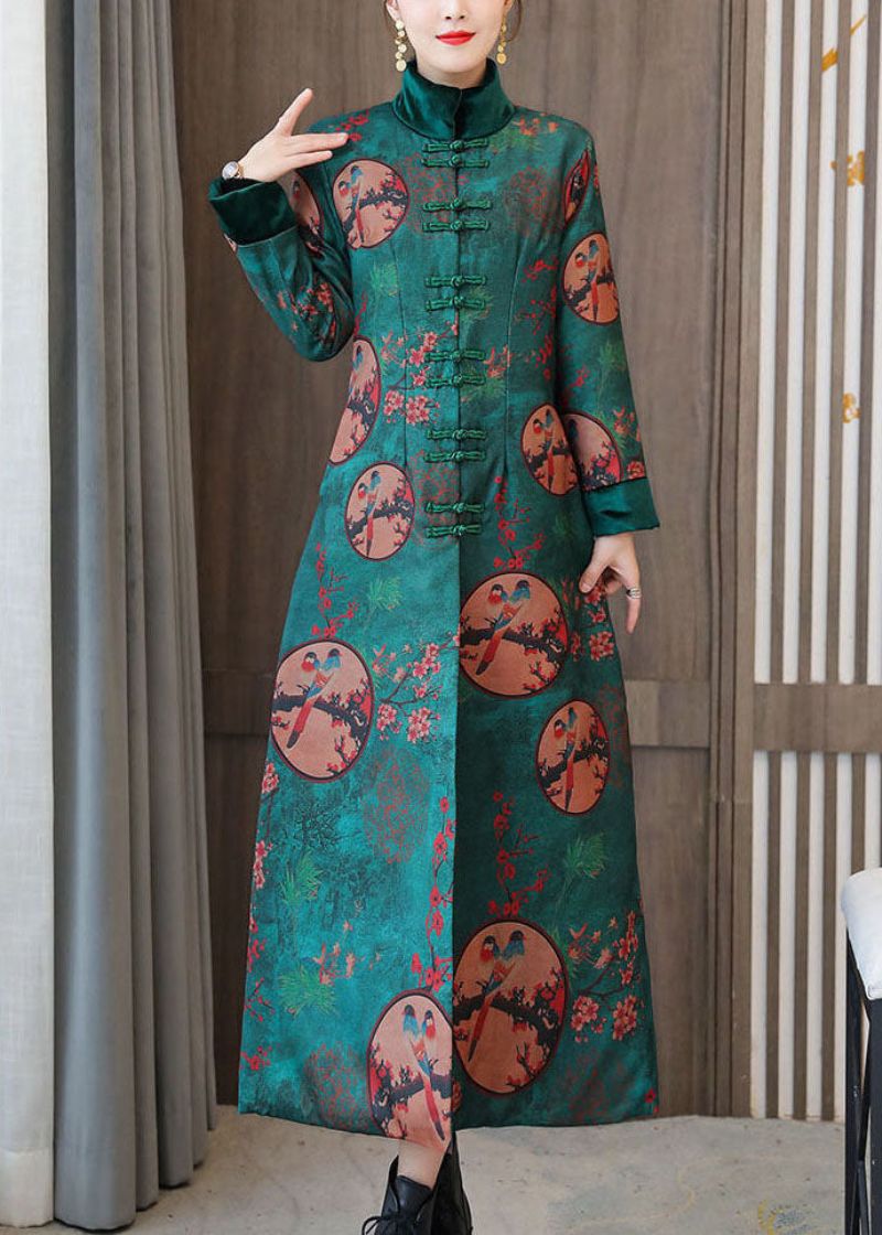 Elegante Groene Opstaande Kraag Chinese Stijl Print Fijne Katoenen Gevulde Jassen Winter - Dames donsjacks