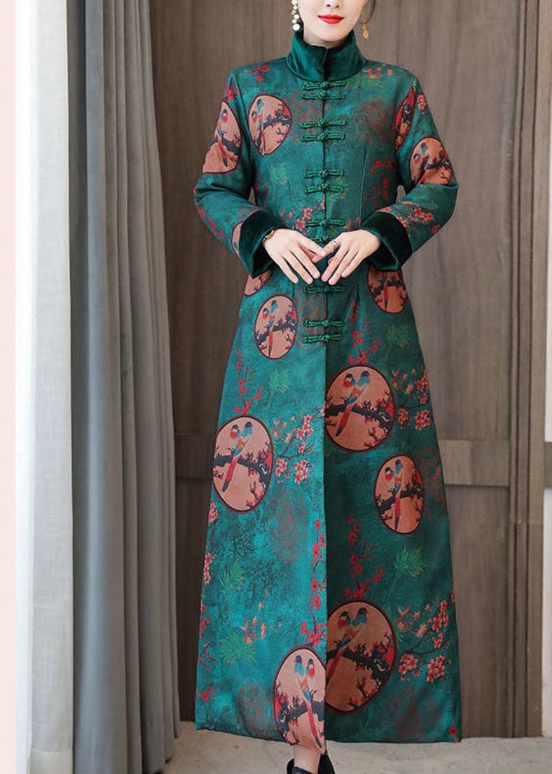 Elegante Groene Opstaande Kraag Chinese Stijl Print Fijne Katoenen Gevulde Jassen Winter - Dames donsjacks