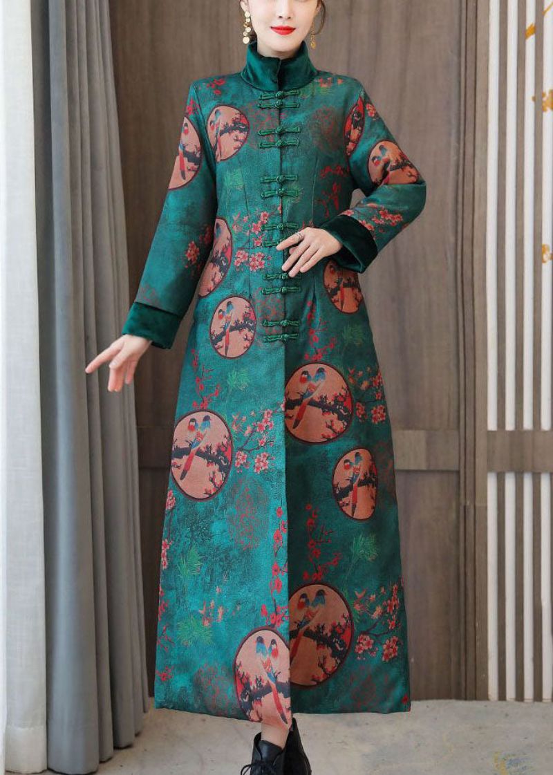 Elegante Groene Opstaande Kraag Chinese Stijl Print Fijne Katoenen Gevulde Jassen Winter - Dames donsjacks