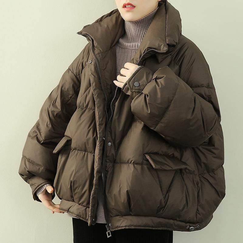 Elegante Oversized Sneeuwjassen Winteroutwear Chocoladekleurige Opstaande Kraag Donsjas Met Ritssluiting