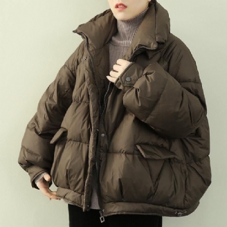 Elegante Oversized Sneeuwjassen Winteroutwear Chocoladekleurige Opstaande Kraag Donsjas Met Ritssluiting