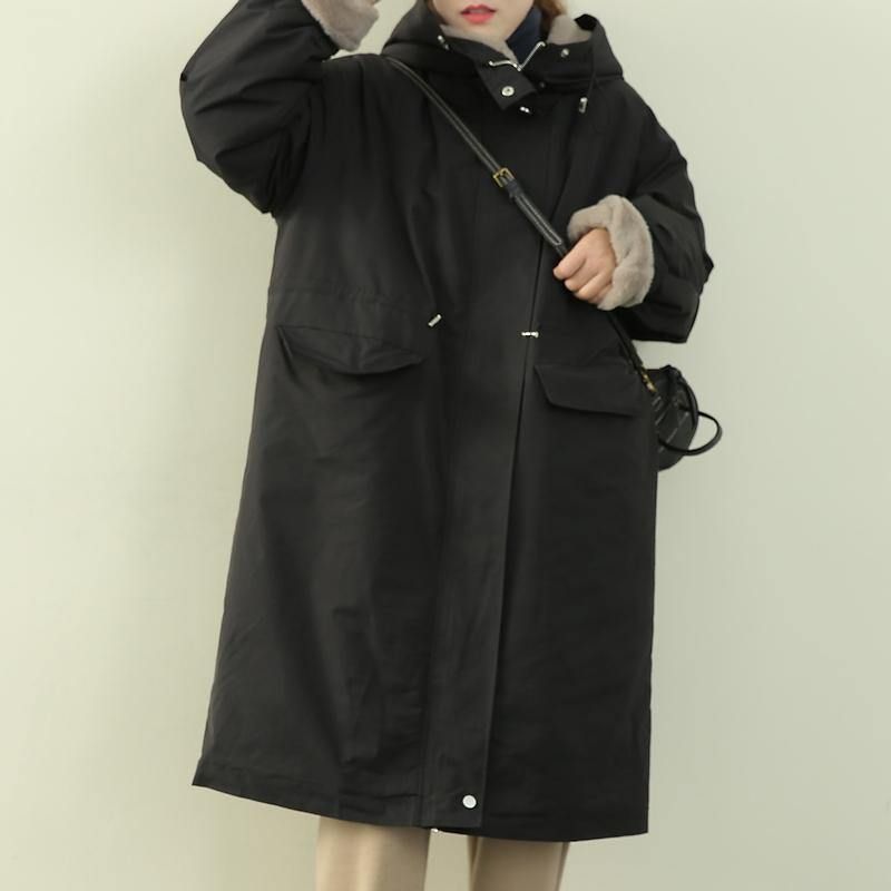 Elegante Plus Size Kleding Winterjassen Zwarte Parka's Met Ritssluiting En Capuchon Voor Dames