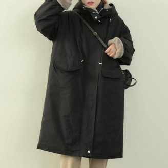 Elegante Plus Size Kleding Winterjassen Zwarte Parka's Met Ritssluiting En Capuchon Voor Dames