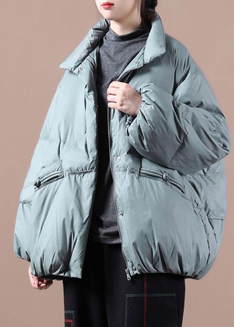 Elegante Plus Size Winteroutwear Grijsgroene Opstaande Kraag Chinese Knoop Warme Winterjas - Dames donsjacks