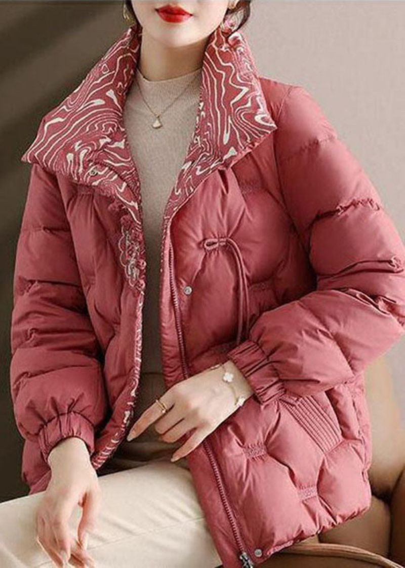 Elegante Roze Geborduurde Opstaande Kraag Eendendons Puffers Jassen Winter - Dames donsjacks