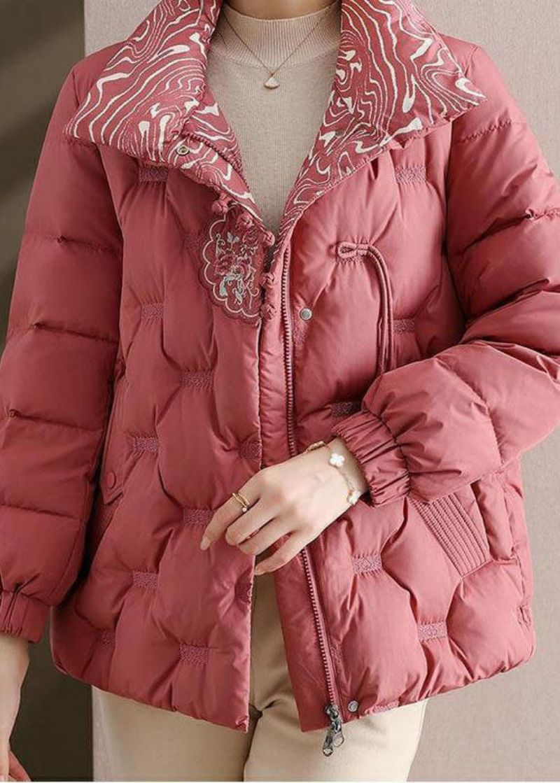 Elegante Roze Geborduurde Opstaande Kraag Eendendons Puffers Jassen Winter - Dames donsjacks