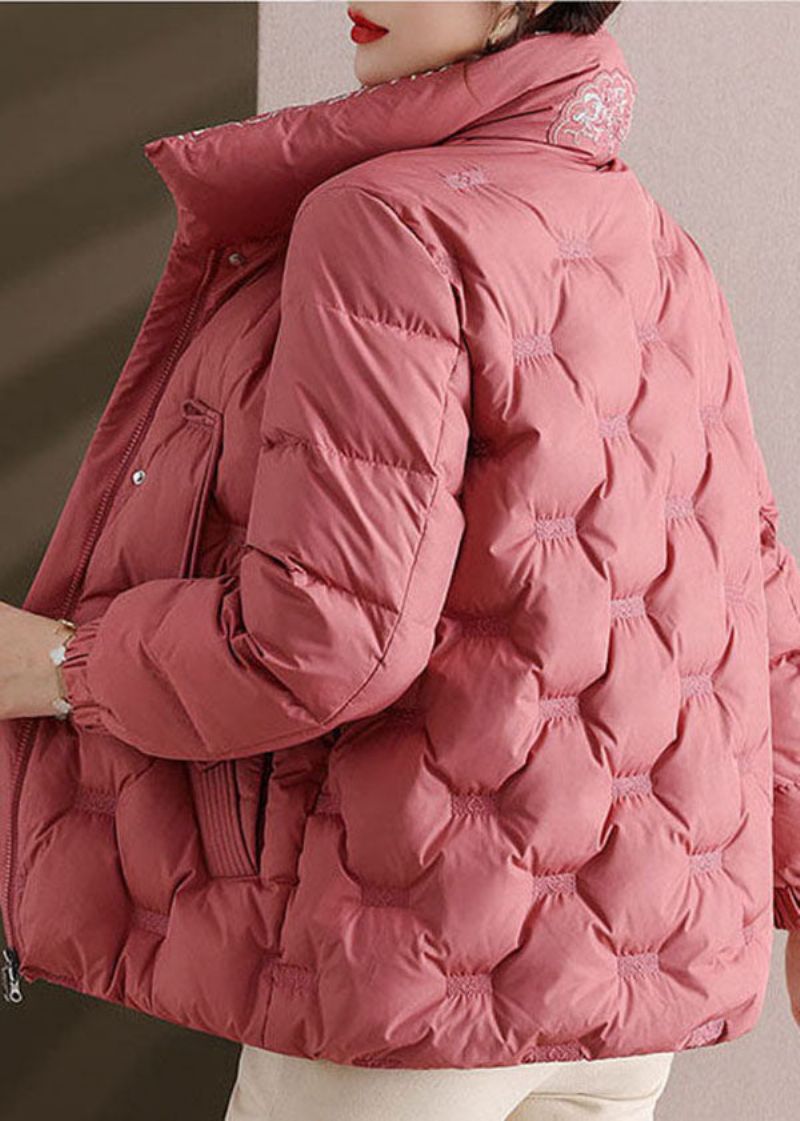 Elegante Roze Geborduurde Opstaande Kraag Eendendons Puffers Jassen Winter - Dames donsjacks