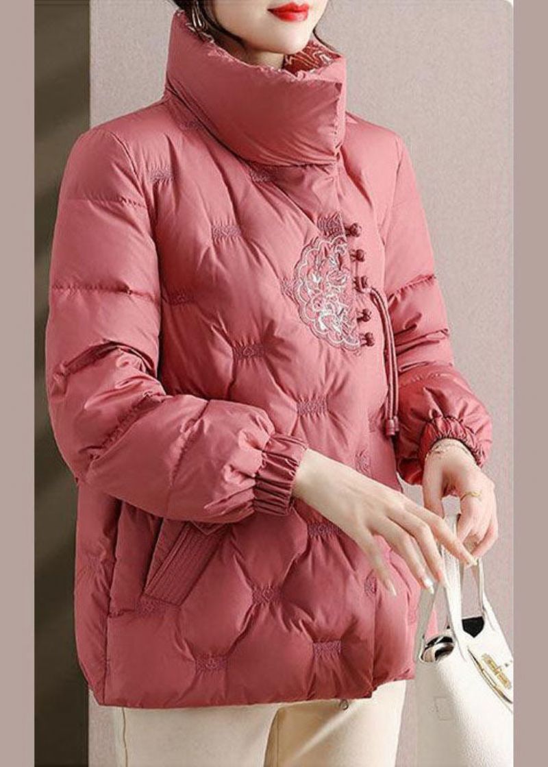 Elegante Roze Geborduurde Opstaande Kraag Eendendons Puffers Jassen Winter - Dames donsjacks