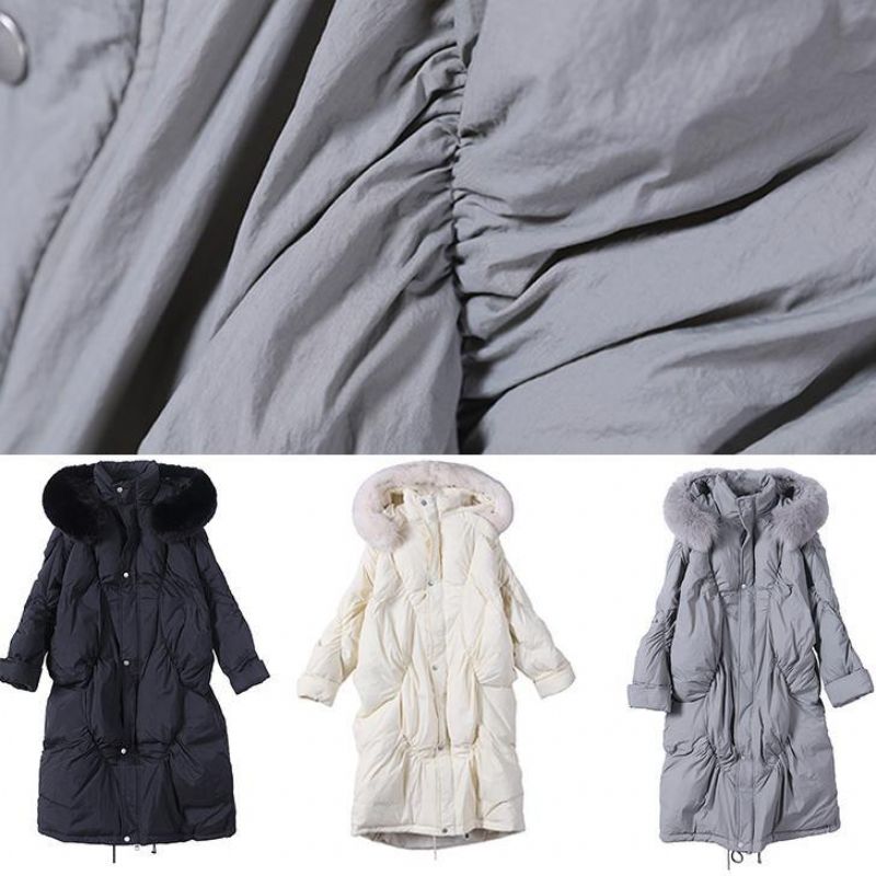 Elegante Trendy Grote Maten Sneeuwjassen Wintergrijze Ganzendonsjas Met Capuchon - Dames donsjacks