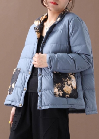 Elegante Warme Winterjas Met Blauwe Patchworkprint Grote Met Opstaande Kraag En Zakken