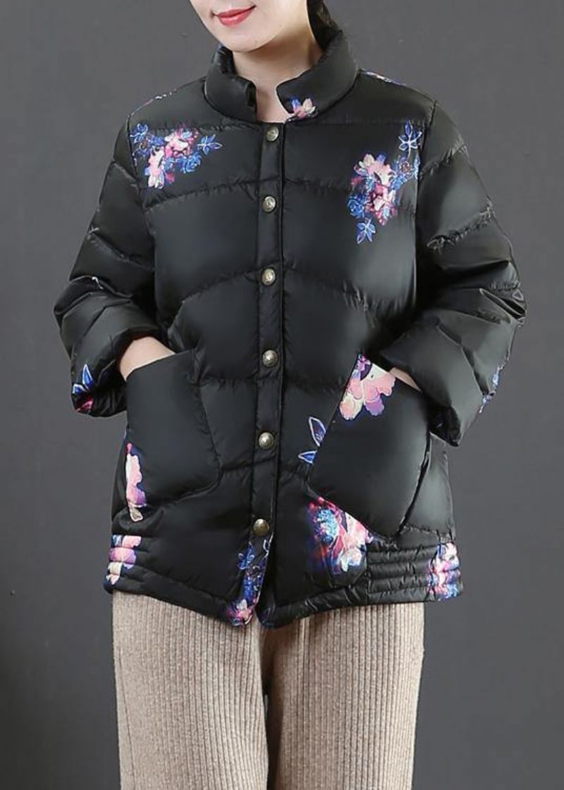 Elegante Warme Winterjas Met Zwarte Print Loszittende Damesparka Met Opstaande Kraagzakken Fijne Overjas - Dames donsjacks