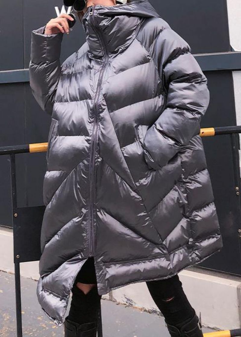 Elegante Zilvergrijze Damesparka's Oversized Warme Winteroutwear Met Capuchon En Ritssluiting