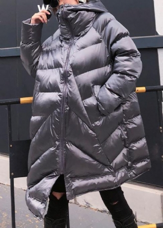 Elegante Zilvergrijze Damesparka's Oversized Warme Winteroutwear Met Capuchon En Ritssluiting