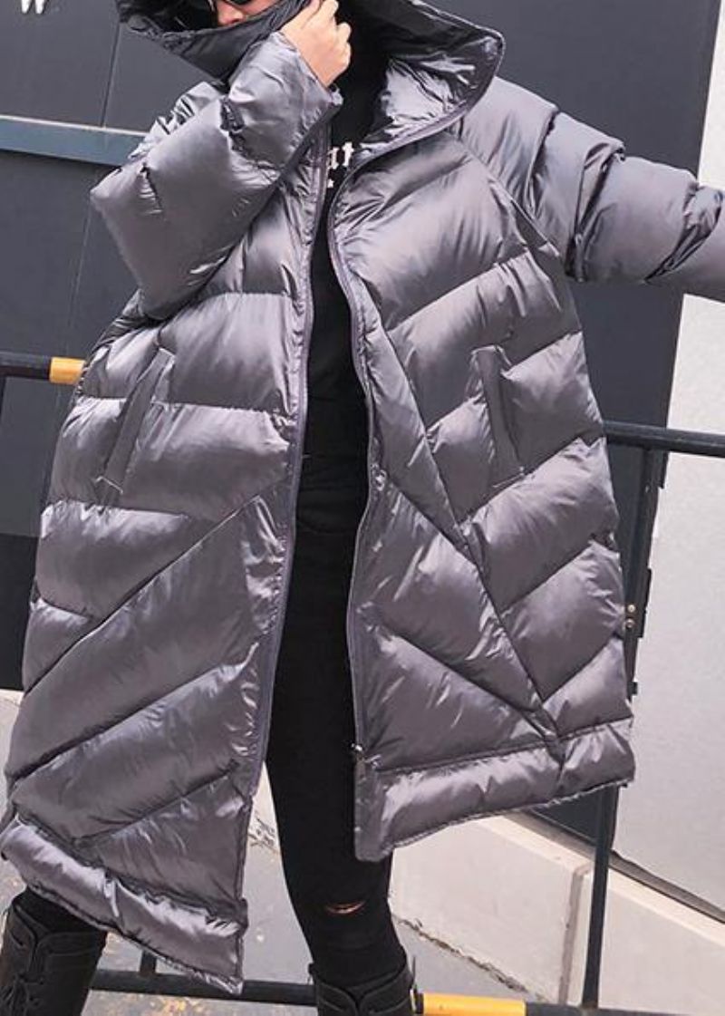 Elegante Zilvergrijze Damesparka's Oversized Warme Winteroutwear Met Capuchon En Ritssluiting - Zwart