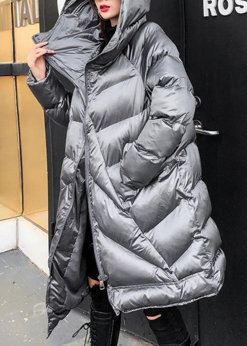 Elegante Zilvergrijze Damesparka's Oversized Warme Winteroutwear Met Capuchon En Ritssluiting - Zwart