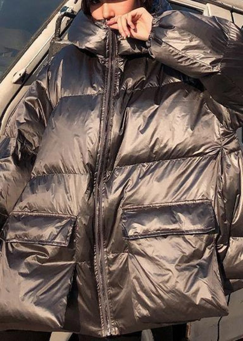 Elegante Zilvergrijze Winterparka's Loszittende Jassen Winterzakken Met Capuchon Uitloper - Paars