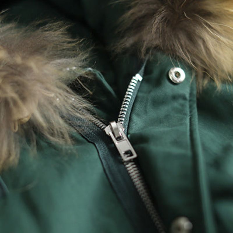 Fijn Zwartachtig Groen Puffers Jassen Kleding Bontkraag Met Capuchon Gewatteerde Jas Nieuwe Zakken Met Trekkoord Winteroutwear - Zwartachtig Groen