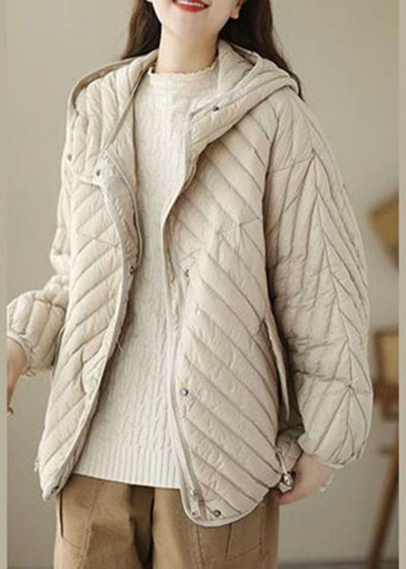 Fijne Beige Eendendons Pufferjas Met Capuchon En Trekkoord Winter - Dames donsjacks