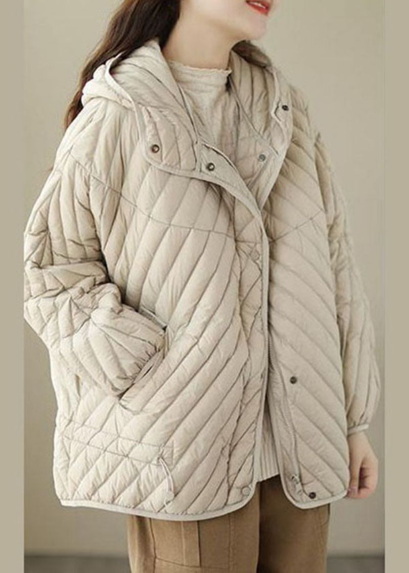 Fijne Beige Eendendons Pufferjas Met Capuchon En Trekkoord Winter - Dames donsjacks