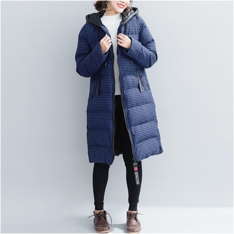 Fijne Blauw Geruite Winterparka's Grote Maten Sneeuwjassen Met Capuchon Elegante Dikke Winterjassen - Dames donsjacks