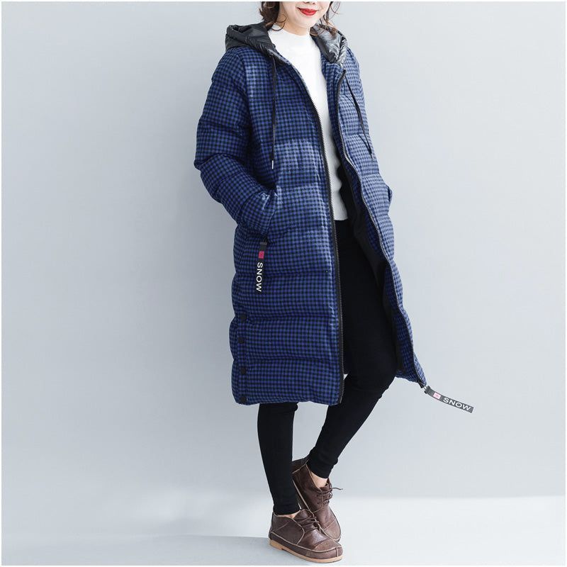 Fijne Blauw Geruite Winterparka's Grote Maten Sneeuwjassen Met Capuchon Elegante Dikke Winterjassen - Dames donsjacks