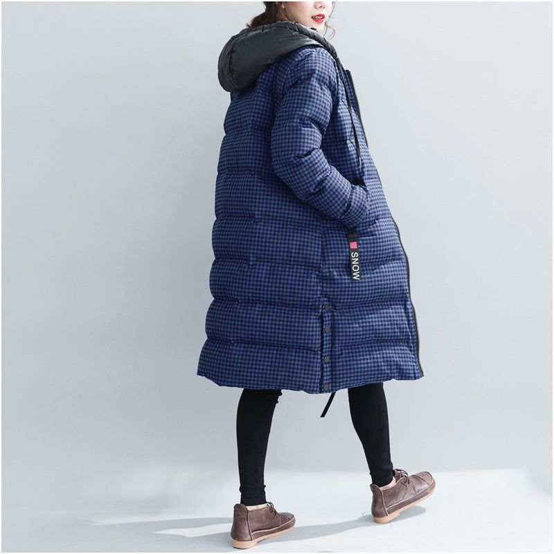 Fijne Blauw Geruite Winterparka's Grote Maten Sneeuwjassen Met Capuchon Elegante Dikke Winterjassen - Dames donsjacks