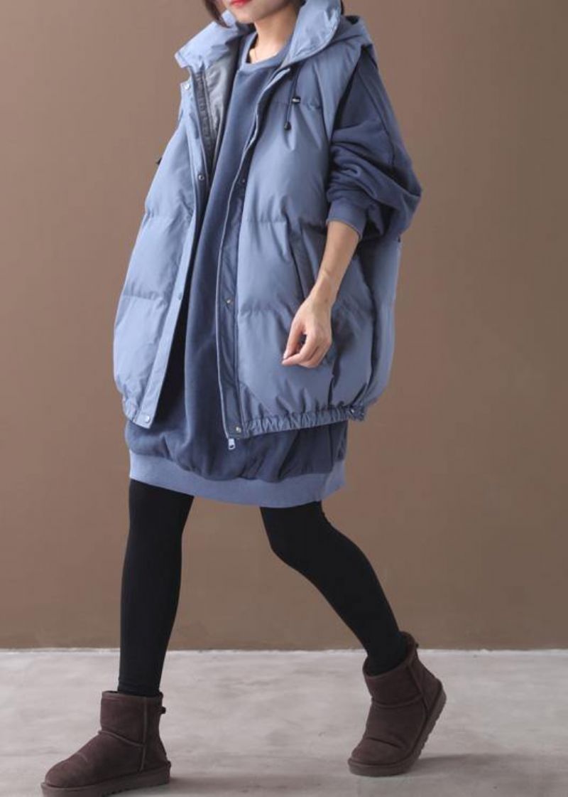 Fijne Blauwe Casual Outfit Plus Size Kleding Mouwloze Winteruitloper Met Capuchon - Blauw