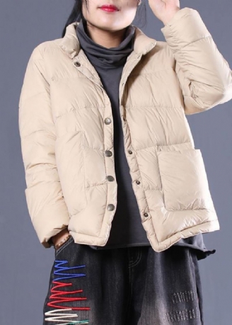 Fijne Dames Parka Overjas Beige Opstaande Kraag Warme Winterjas