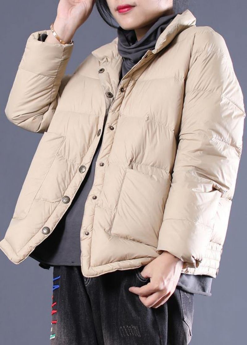 Fijne Dames Parka Overjas Beige Opstaande Kraag Warme Winterjas - Dames donsjacks