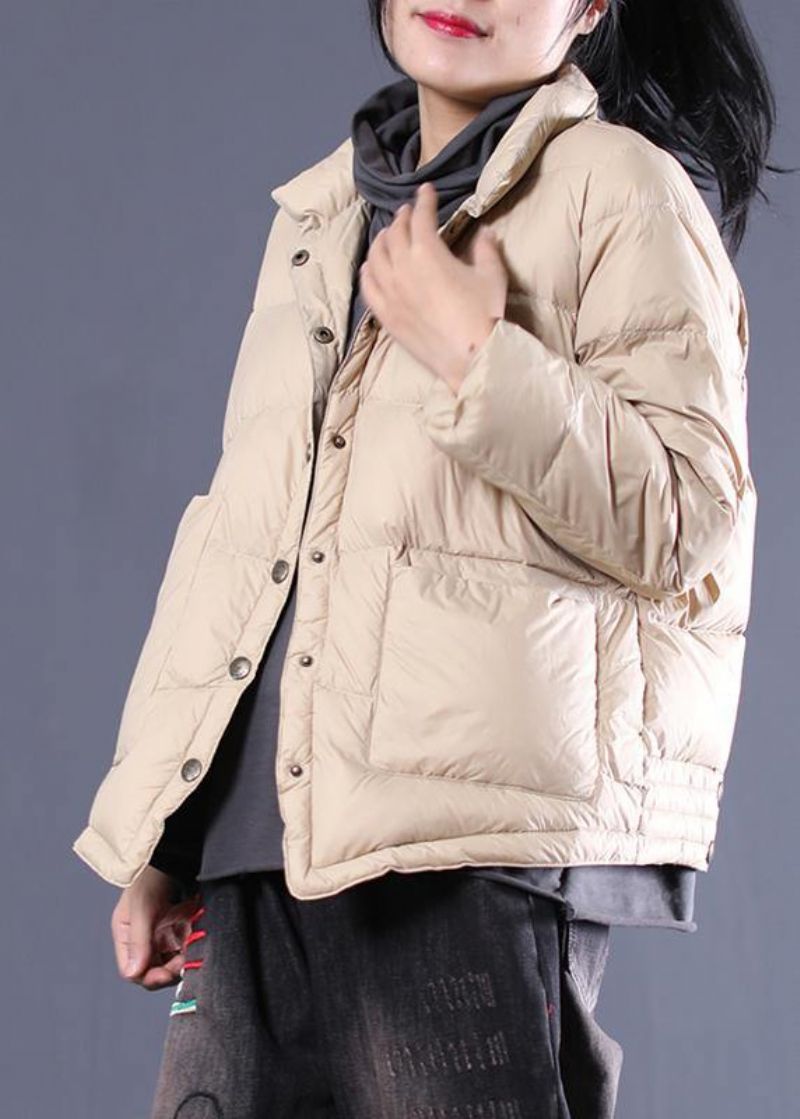 Fijne Dames Parka Overjas Beige Opstaande Kraag Warme Winterjas - Dames donsjacks