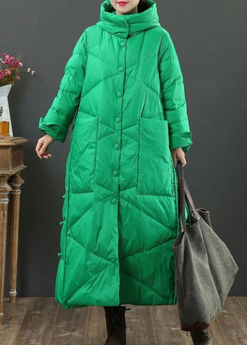 Fijne Groene Warme Winterjas Oversized Donsjack Met Capuchon En Button-down Damesjassen