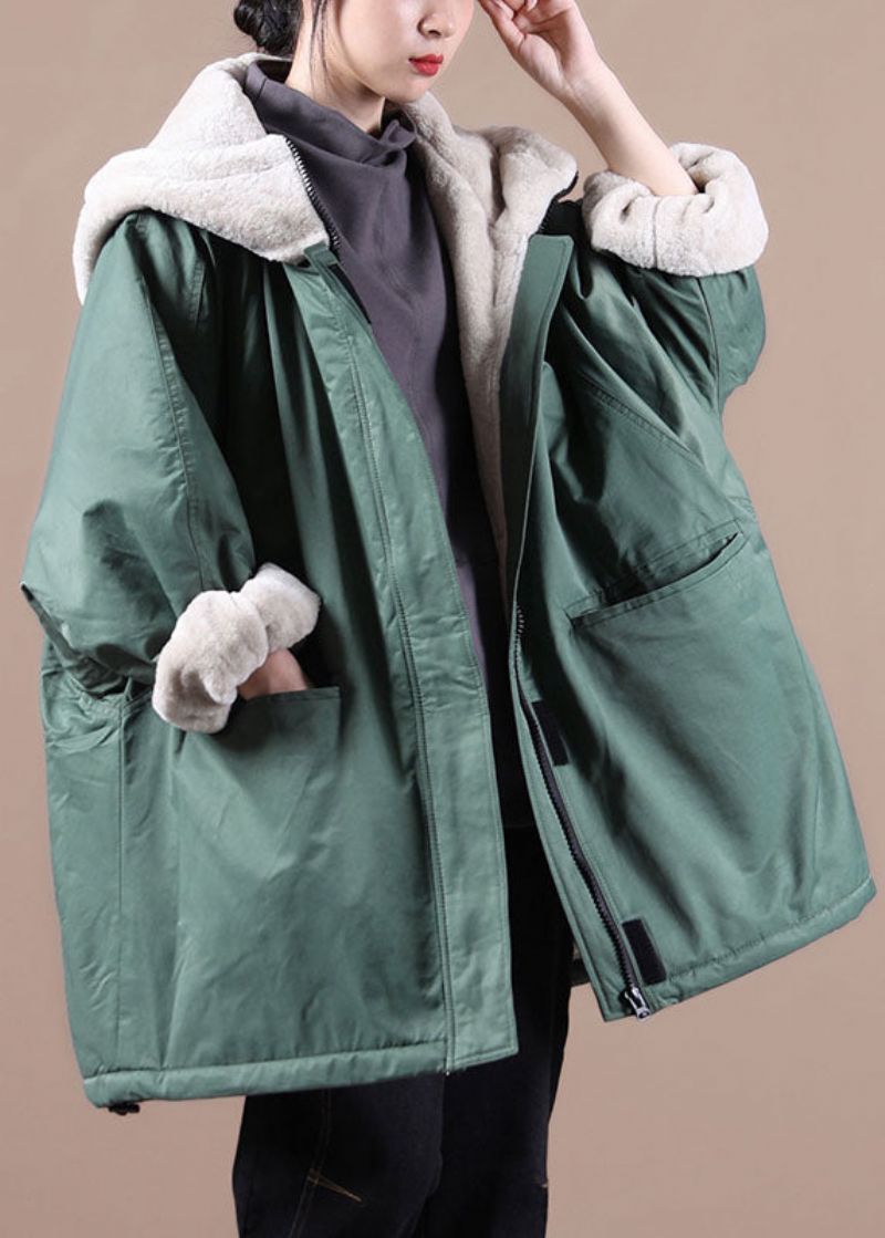 Fijne Groene Zakken Met Rits En Patchwork Fleece Met Wol Gevoerde Parka-jas Winter