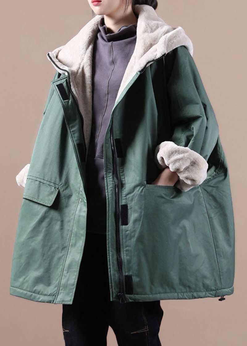 Fijne Groene Zakken Met Rits En Patchwork Fleece Met Wol Gevoerde Parka-jas Winter - Dames donsjacks