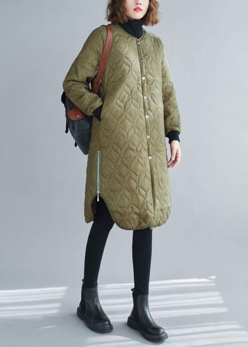 Fijne Legergroene Winterjassen Trendy Grote Maten Sneeuwjas Met O-hals En Ritssluiting - Dames donsjacks