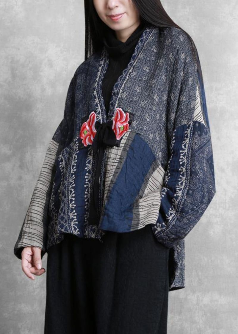 Fijne Oversized Winterjassen Blauwe Print Patchwork Damesjassen Met V-hals