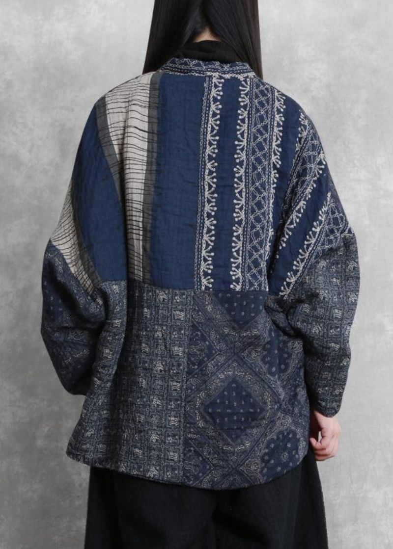 Fijne Oversized Winterjassen Blauwe Print Patchwork Damesjassen Met V-hals - Dames donsjacks