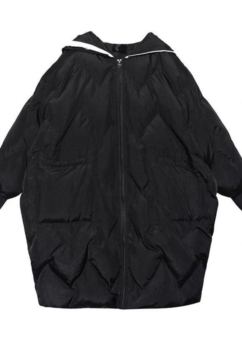 Fijne Oversized Winterjassen Parka's Met Ritssluiting En Capuchon Voor Dames - Zwart