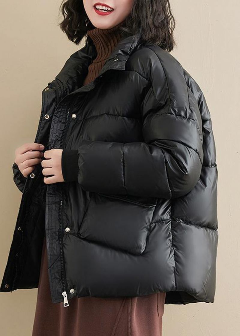 Fijne Oversized Winteroutwear Zwarte Patchwork Warme Jas Met Opstaande Kraag - Dames donsjacks