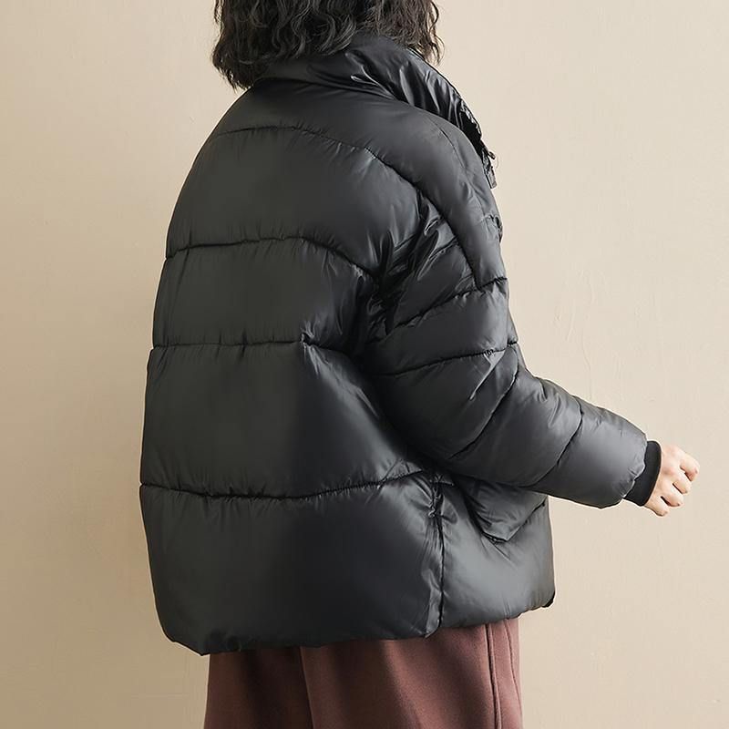 Fijne Oversized Winteroutwear Zwarte Patchwork Warme Jas Met Opstaande Kraag - Dames donsjacks