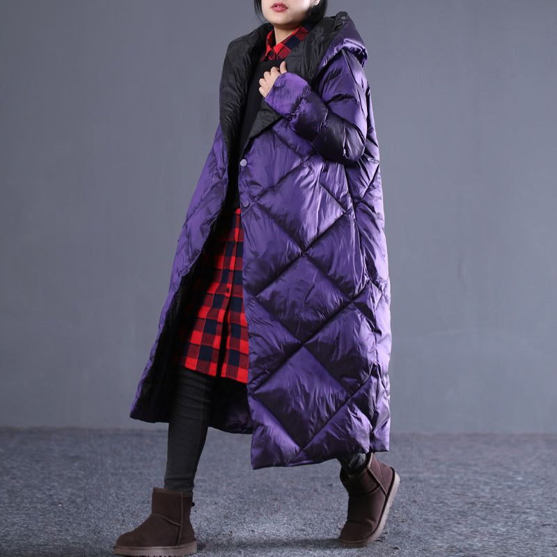 Fijne Paarse Winter Oversized Parka Met Capuchon Luxe Katoenen Overjas Met Zakken En Ritssluiting