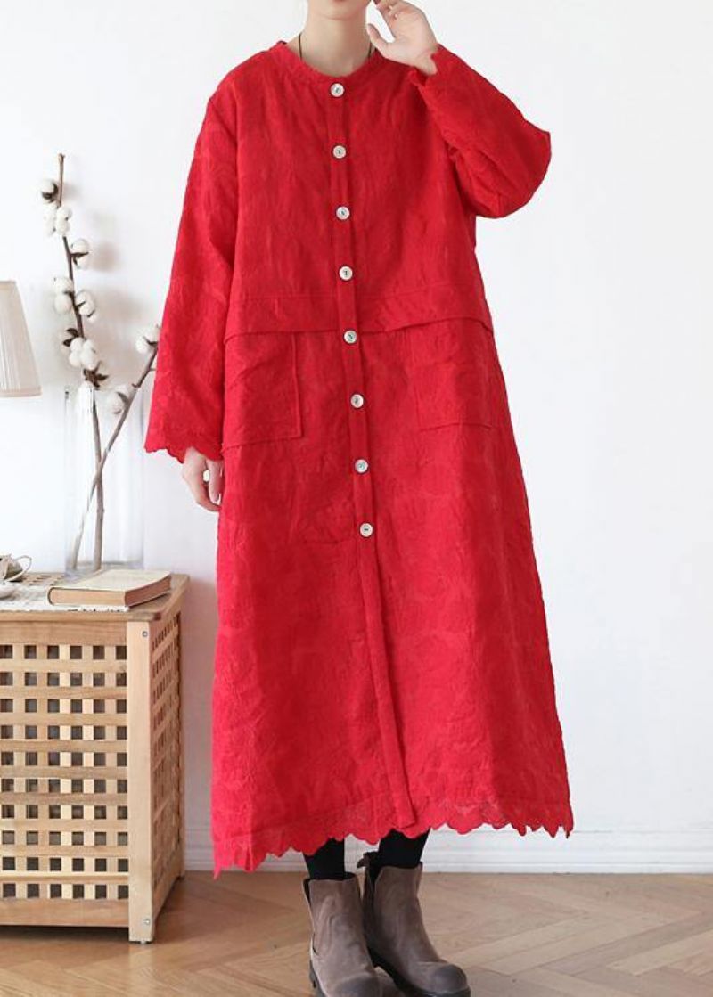 Fijne Rode Uitloper Plus Size Warme Winterjas Met O-hals Jacquard Winteruitloper - Rood