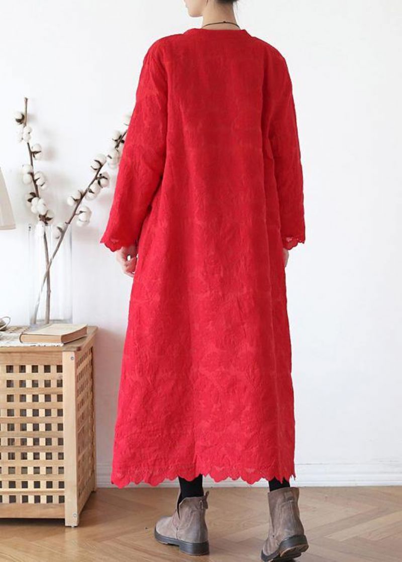 Fijne Rode Uitloper Plus Size Warme Winterjas Met O-hals Jacquard Winteruitloper - Rood