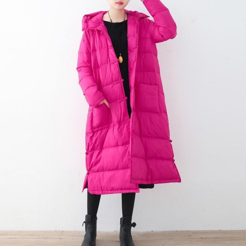 Fijne Rozerode Puffersjassen Losvallend Donsjack Nieuwe Winteroutwear Met Capuchon Chinese Knop - Rood